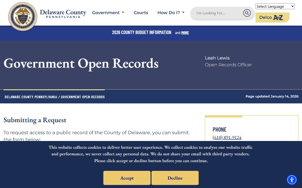 Delaware County Open Records office for background check access