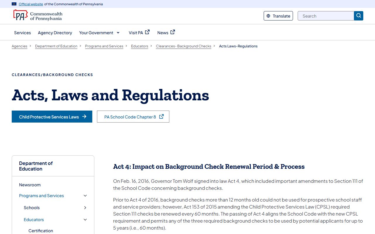 Pennsylvania Department of Education clearance laws and regulations