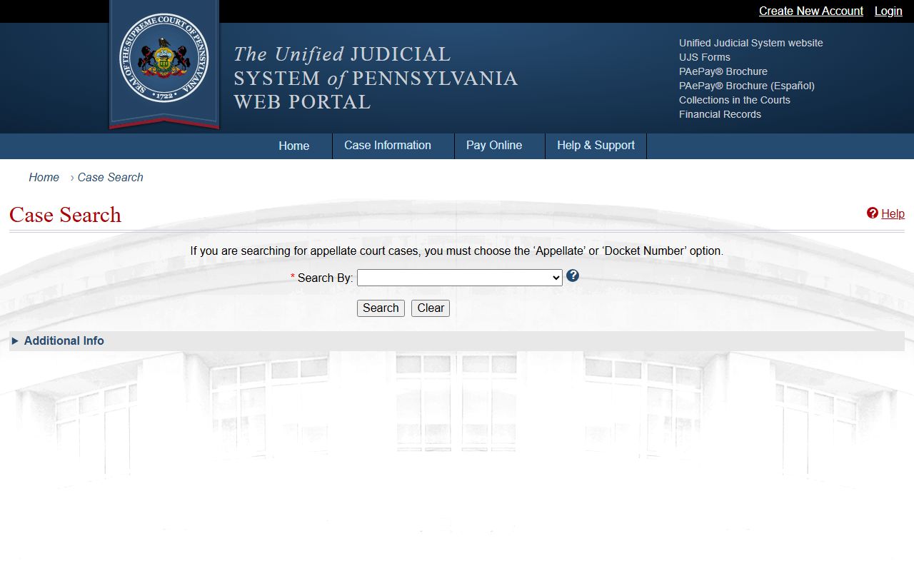 Pennsylvania UJS Portal case search for background check records